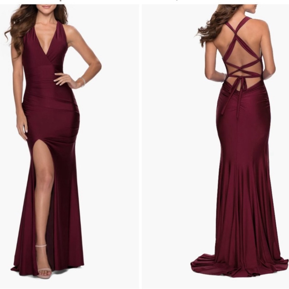 New! La Femme #28677 Satin Jersey Trumpet Gown Dark Berry Dress Sz 8 $348
